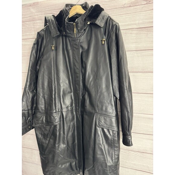 Veranesi Women's Genuine Leather Coat 28W Plus Black Faux Fur Lined Hood Parka - Picture 1 of 16